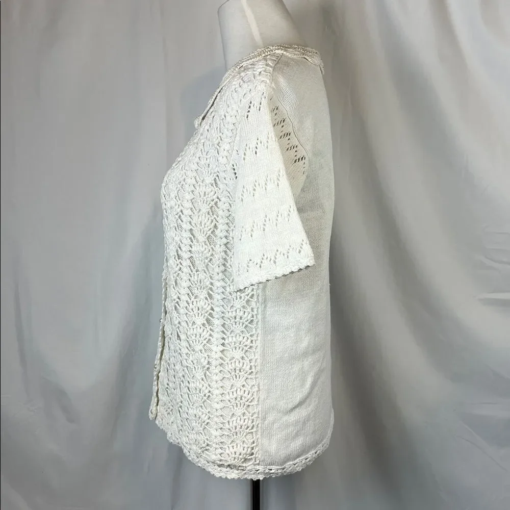 Vintage Crochet Granny Collared Short Sleeves Sweater Size M Pearls Cottage Twee